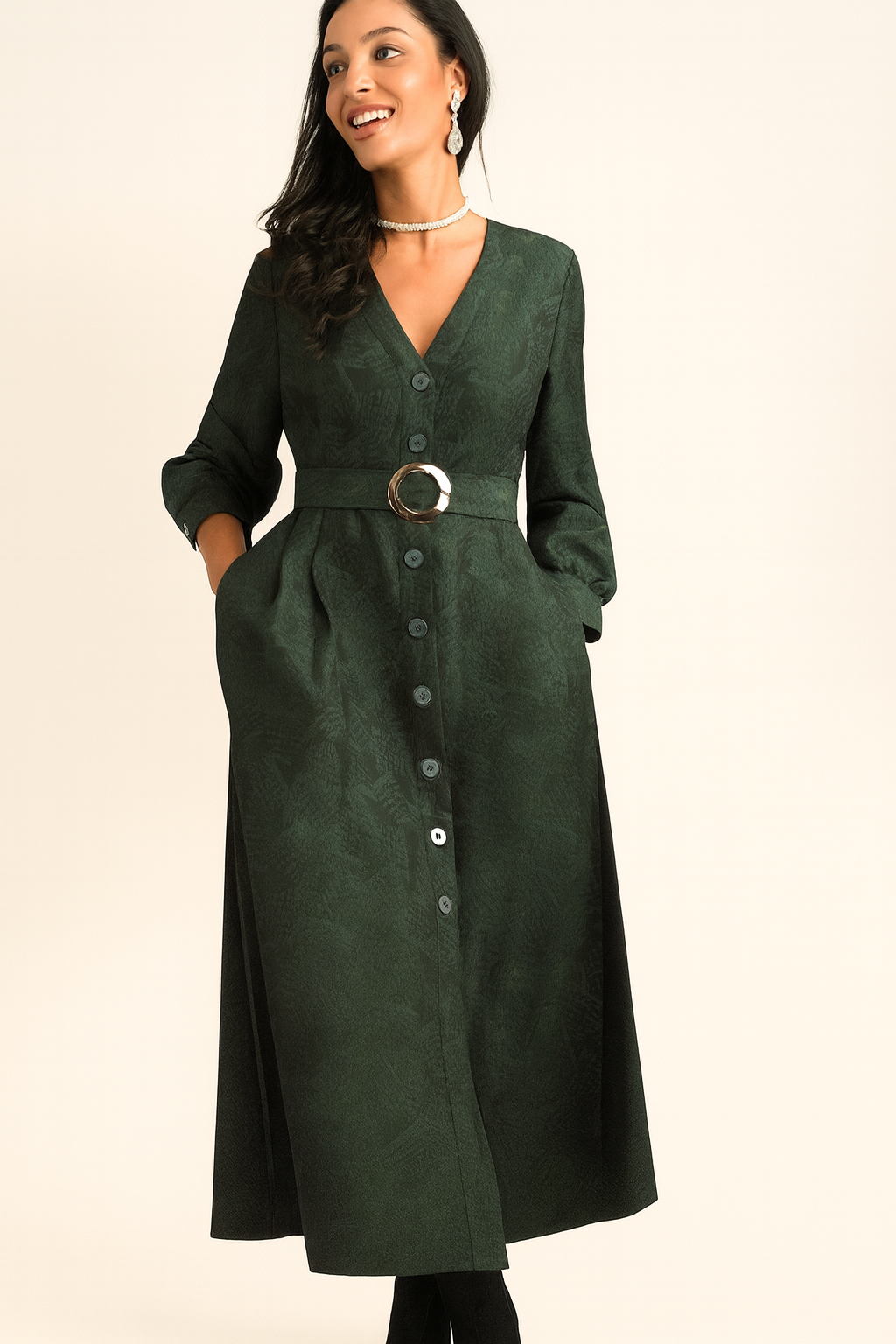 Emerald Luxe Button-Front Midi
