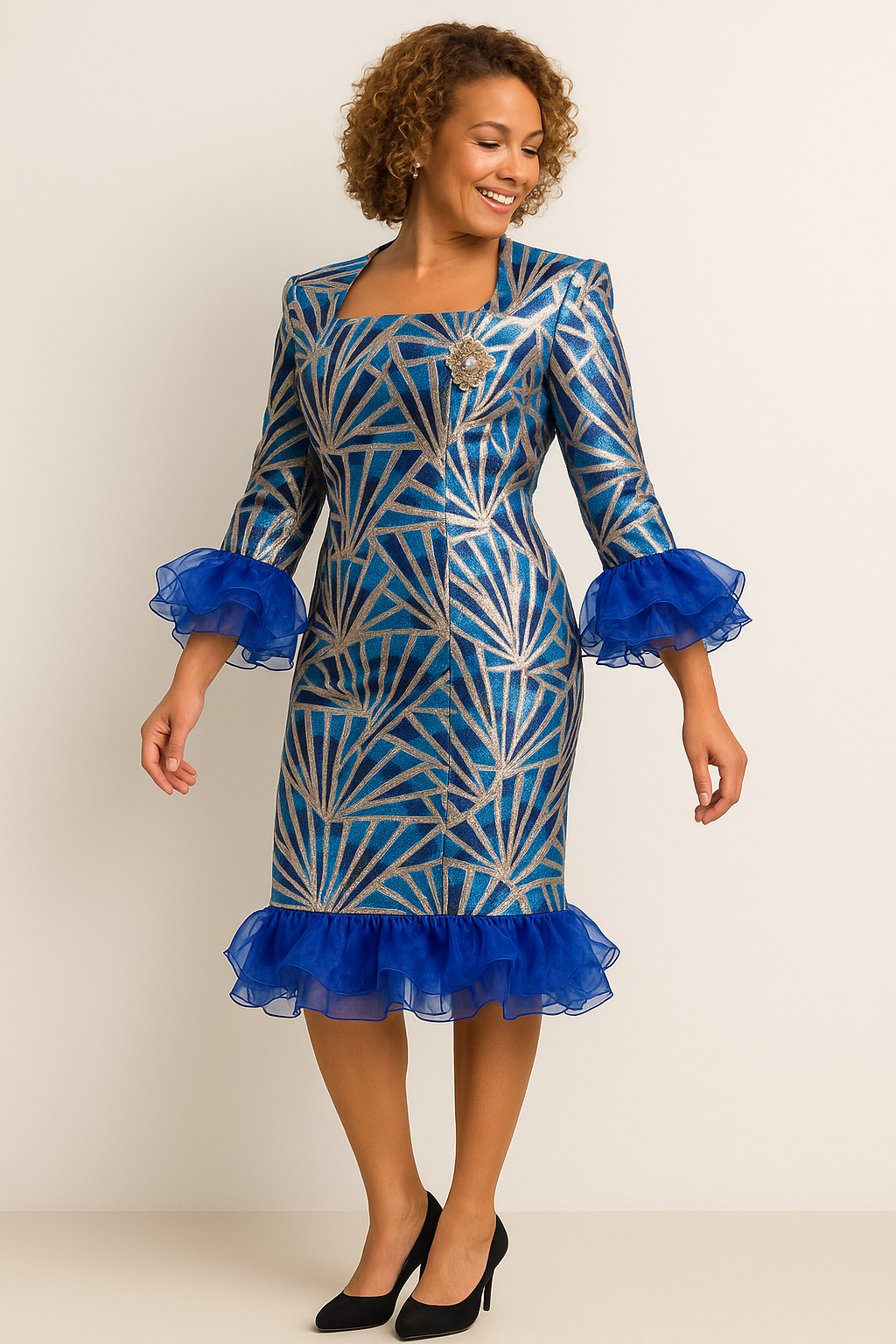 Sapphire Radiance Brocade Dress
