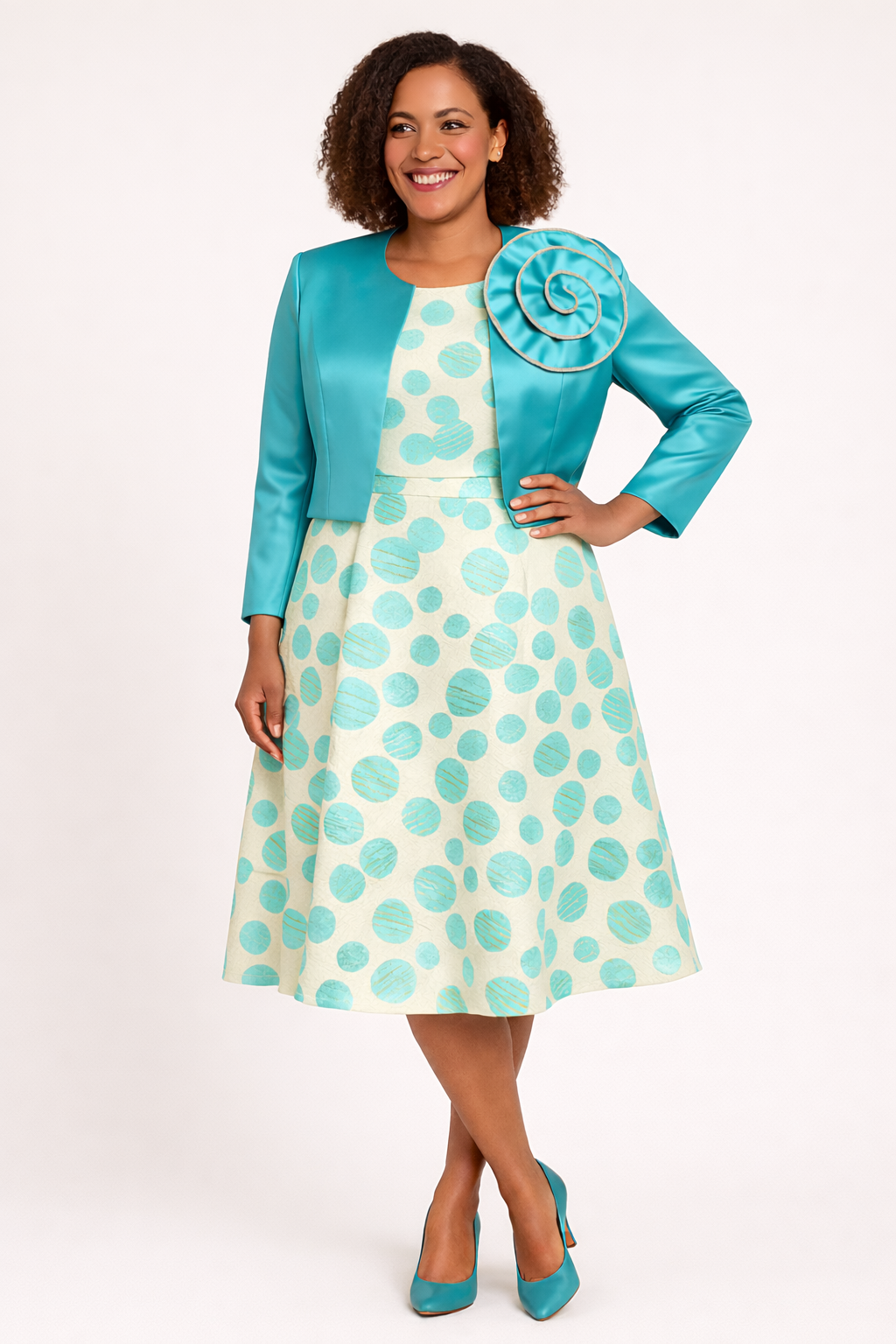 Turquoise Whimsy Polka Flare Dress Set
